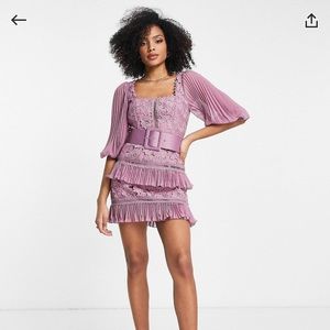 ASOS lace mini dress with pleated chiffon and satin belt
